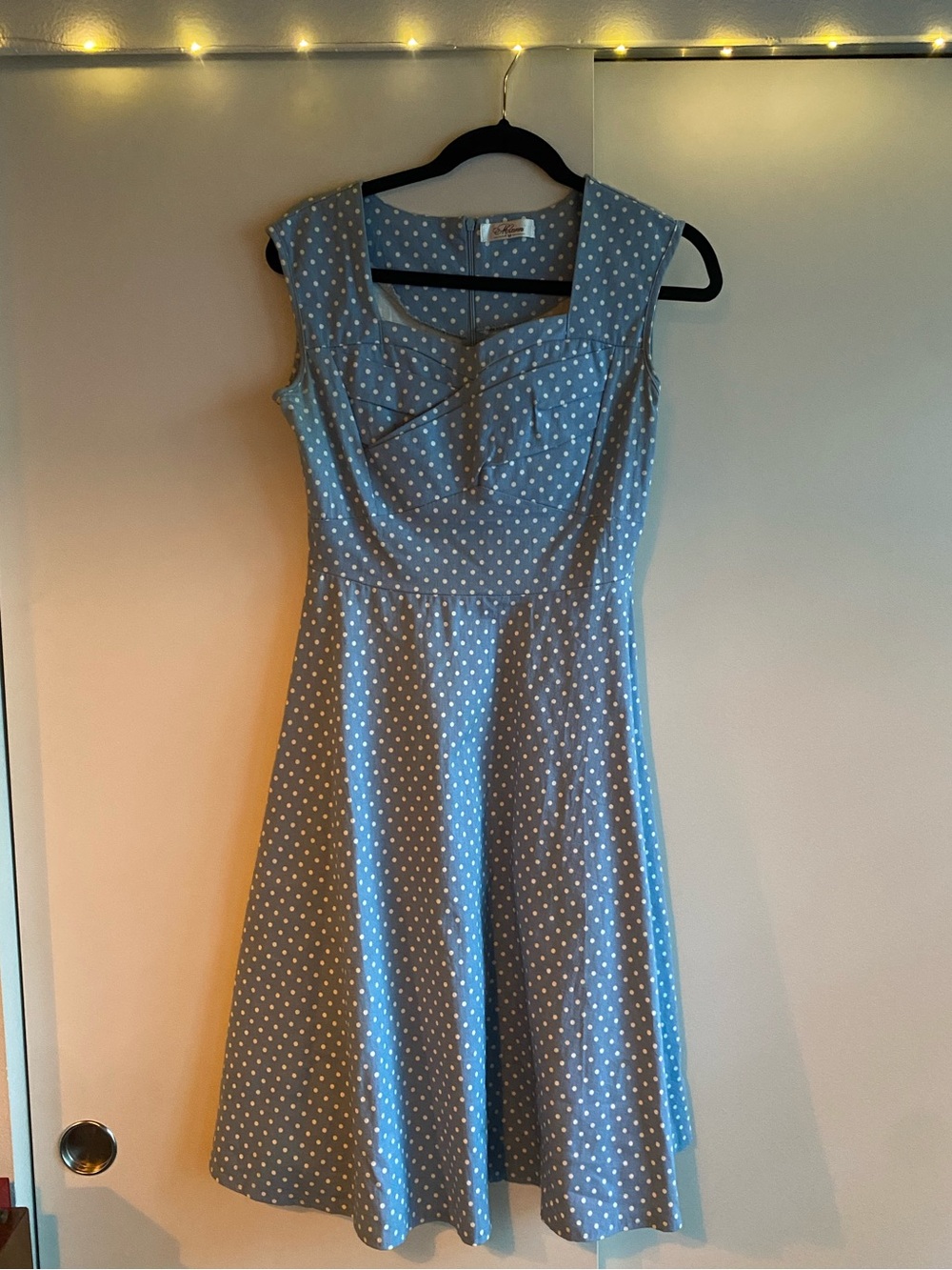 Blue Polka Dot A-Line Summer Dress Fit and Flare - Vintage Style 95 % Cotton Siz